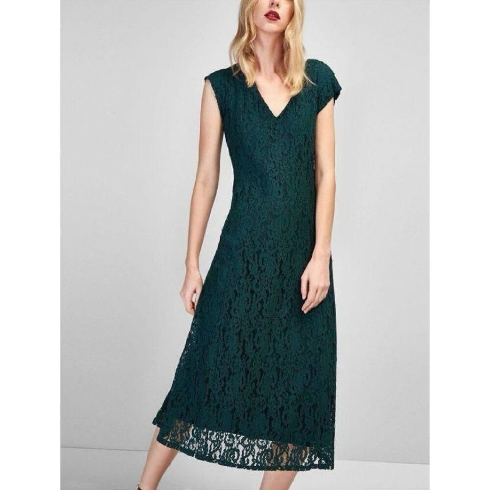 Massimo Dutti Long Guipure Lace Dress in Evergreen A-line Midi Medium